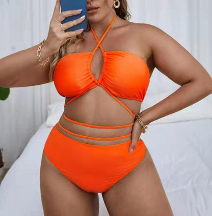 Plus Size Solid Color Split Ladies Bikini Set