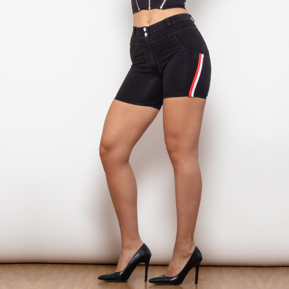 Middle Waist Black Lift Jeggings Shorts With Stripe