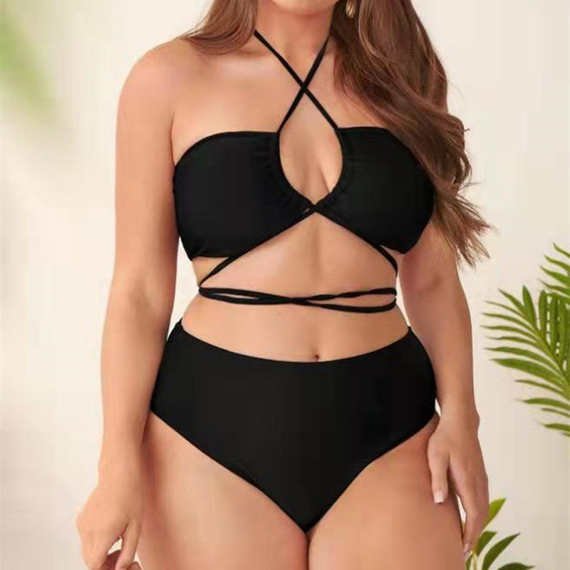 Plus Size Solid Color Split Ladies Bikini Set