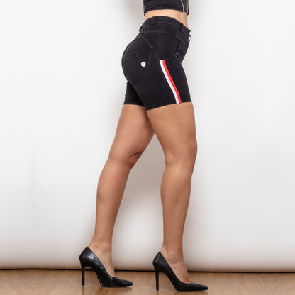 Middle Waist Black Lift Jeggings Shorts With Stripe