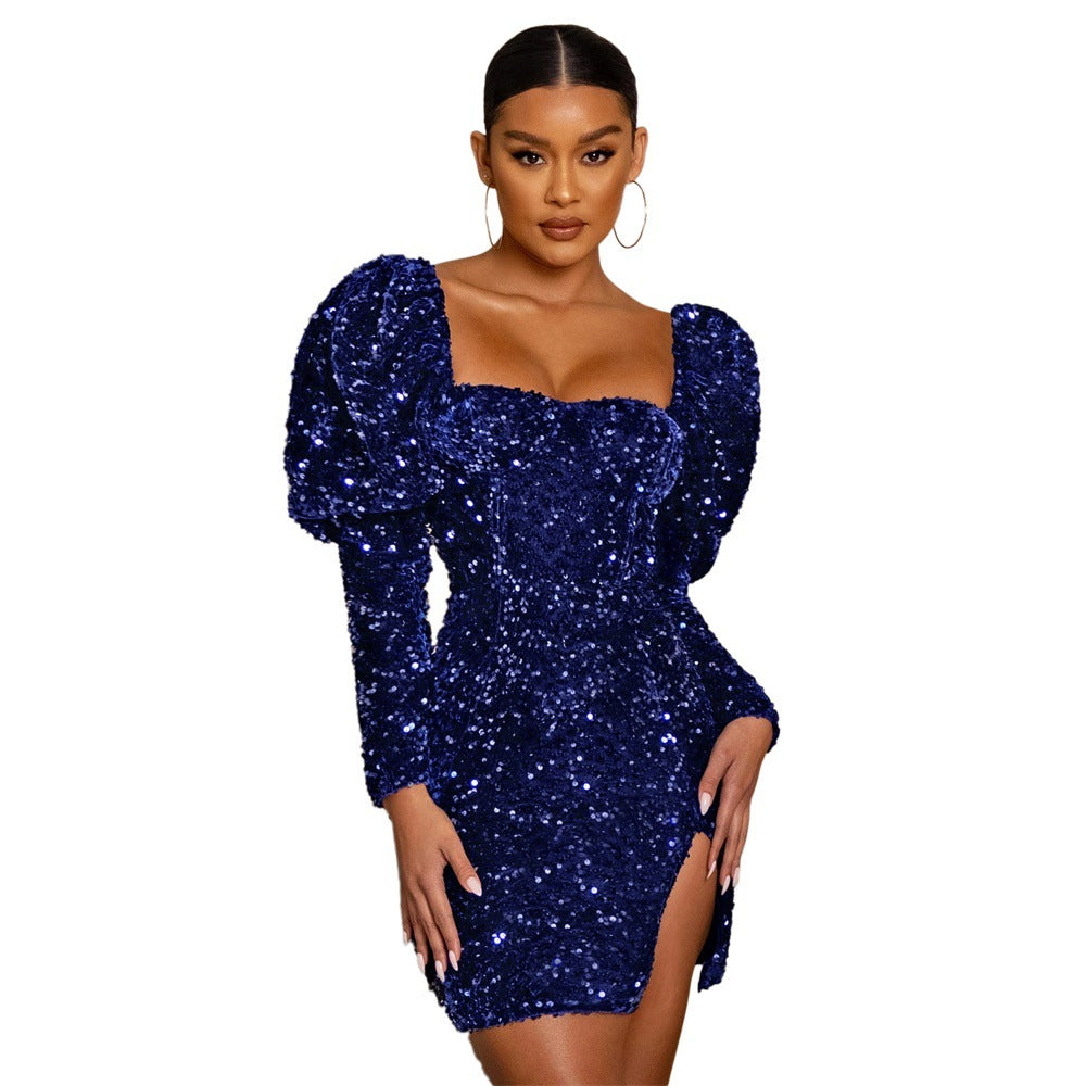 Backless Padded Shoulder Bubble Sleeve Dress For Women