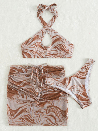 Three Piece Smudge Bikini Lace-Up Set