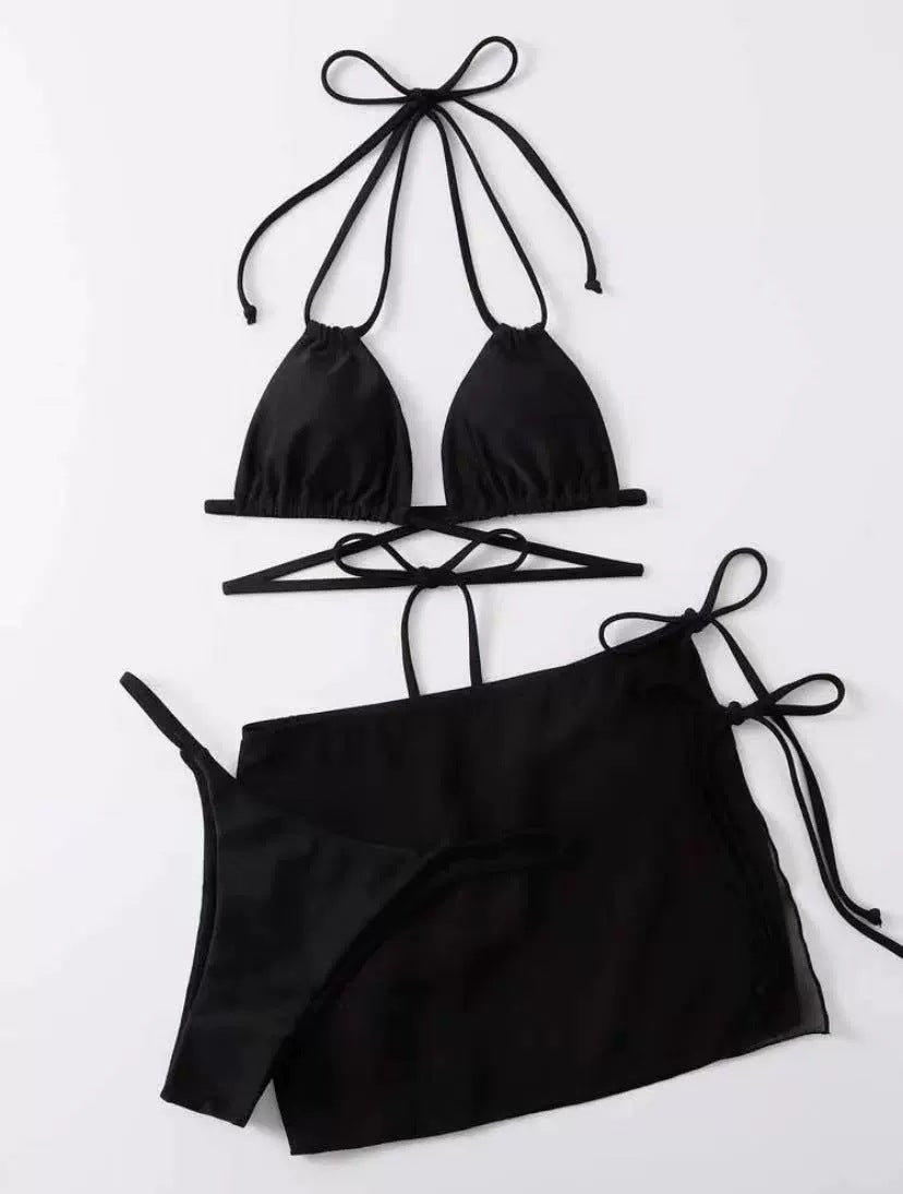 Pure Color Tied Three Piece Bikini Set